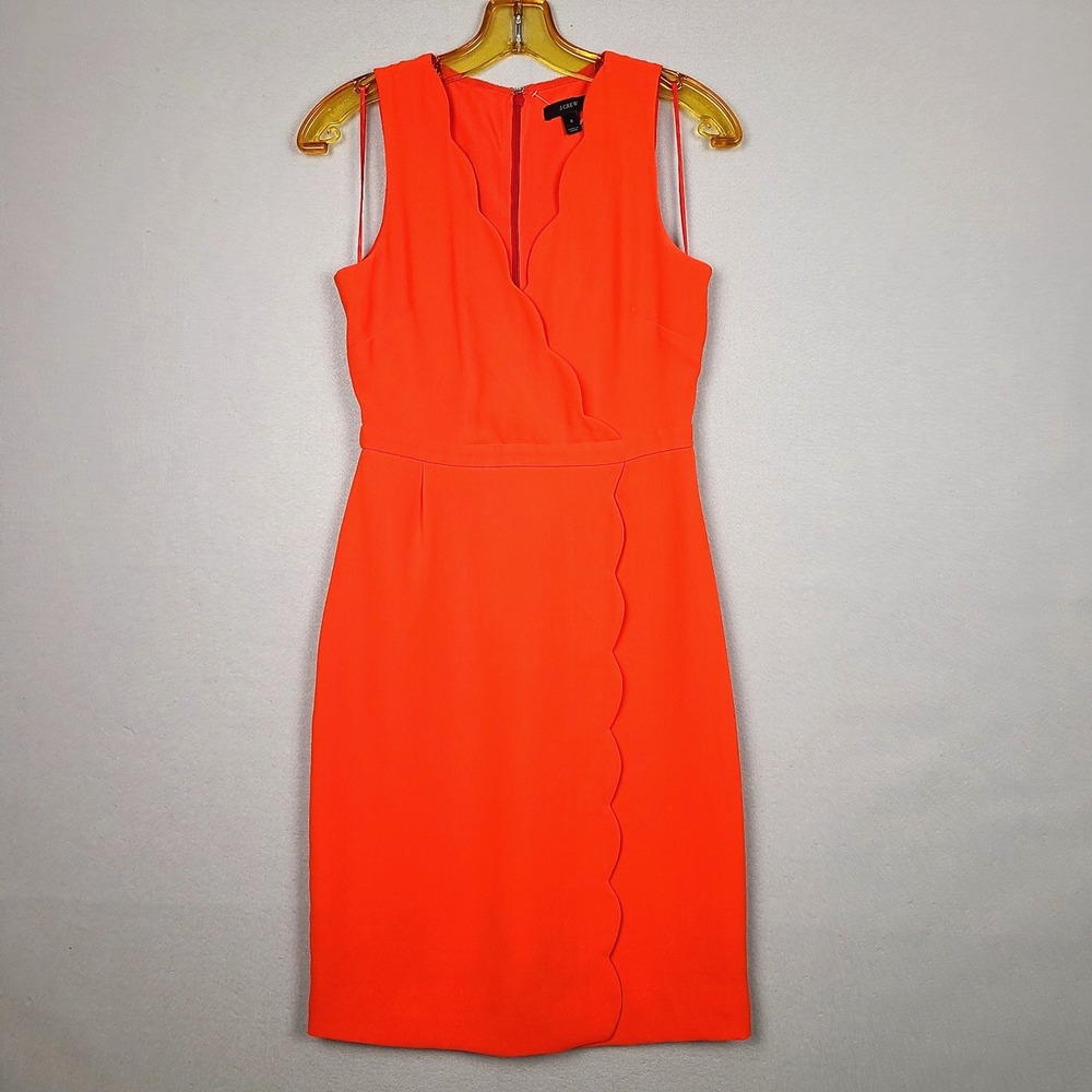 J.Crew A1927 Scalloped Crepe Sheath Wrap Dress Orange V-Neck Womens 0